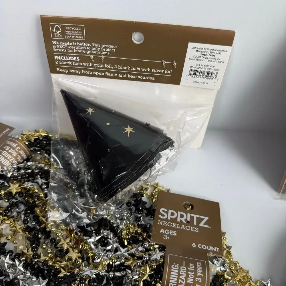 New Year’s Eve Party Supplies Bundle Spritz Black Gold Balloons Plates Hats